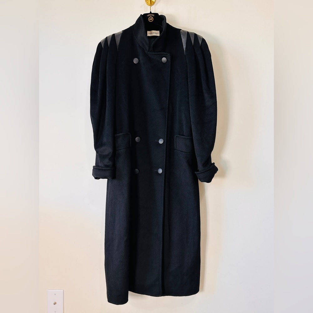 Vintage Black Wool & Leather Double Breasted Peacoat Coat By Charles Klien Sz M